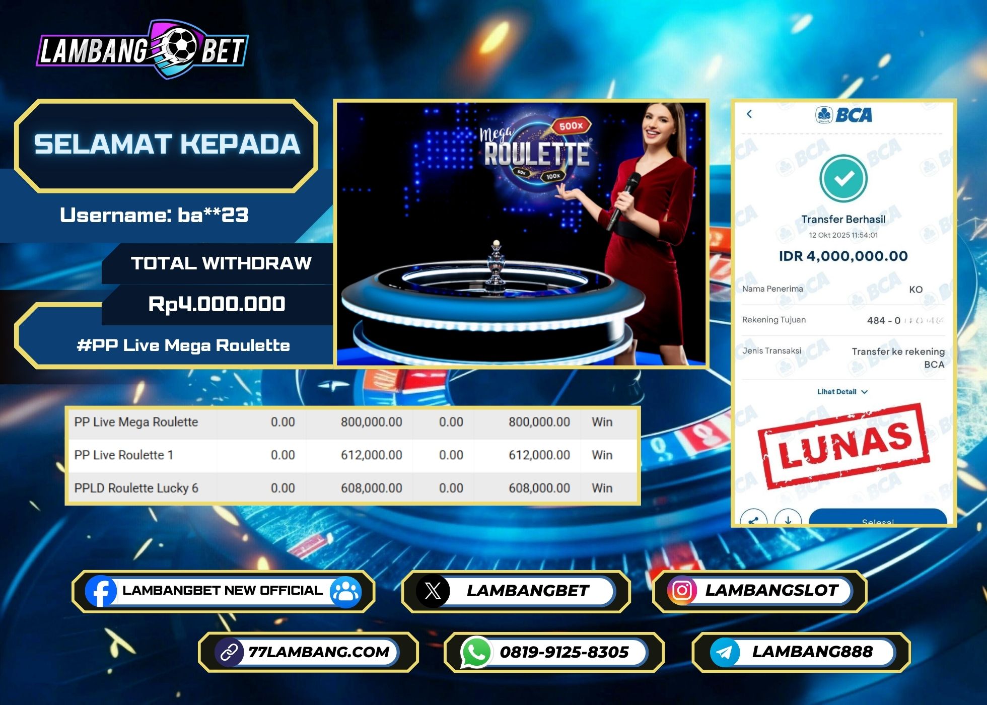 LAMBANGBET [12 OKTOBER 2025] JACKPOT LIVE CASINO PP Live Mega Roulette "Rp4.000.000" LUNAS